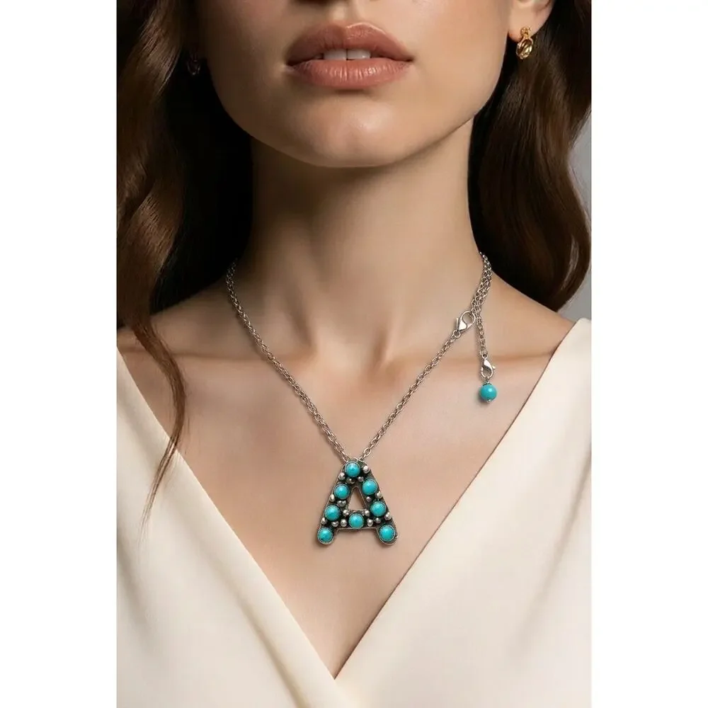 Kingman Turquoise Initial A Signed Mexico Sterling Silver Necklace 18” Adjust